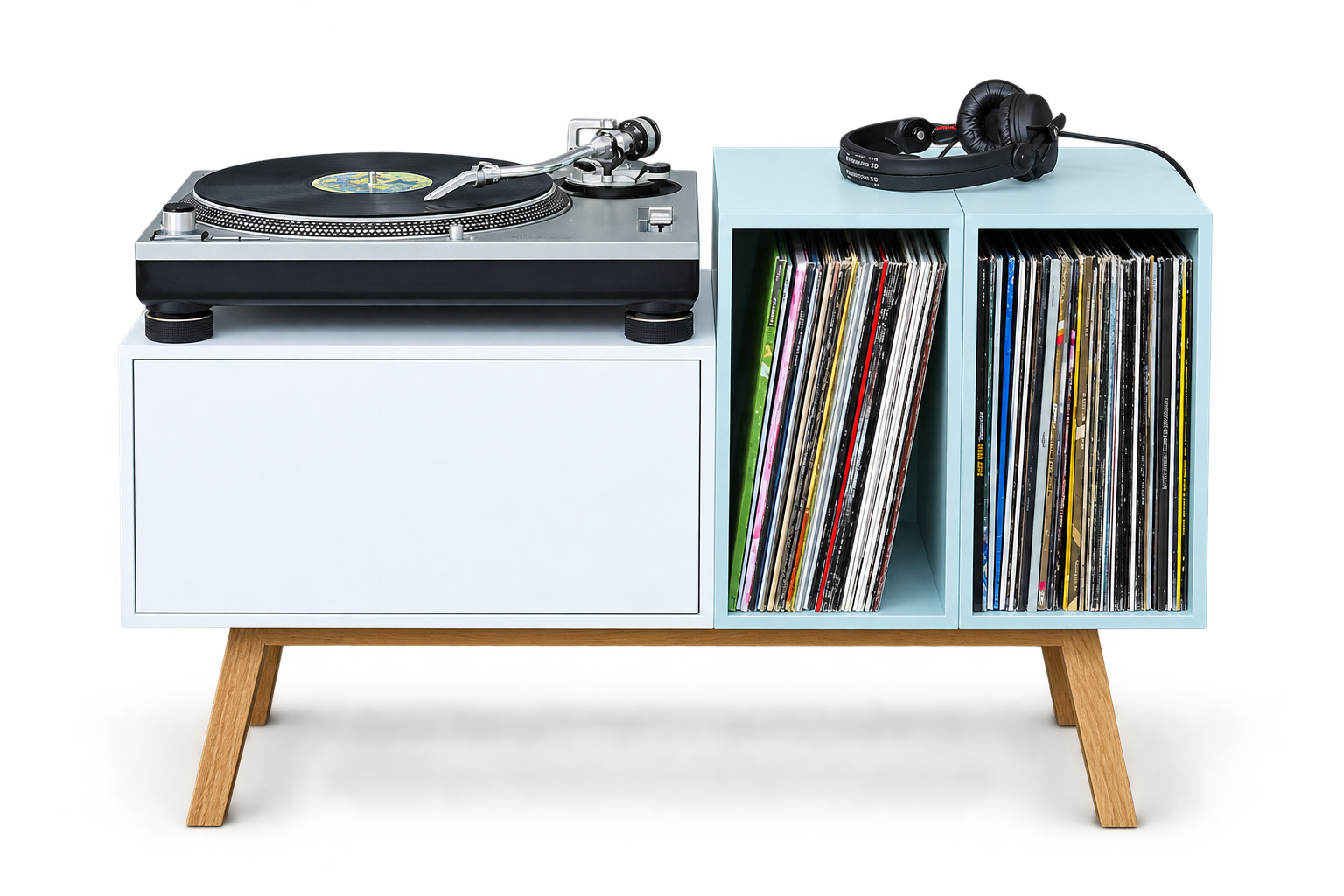 A turntable and a shelf of records
